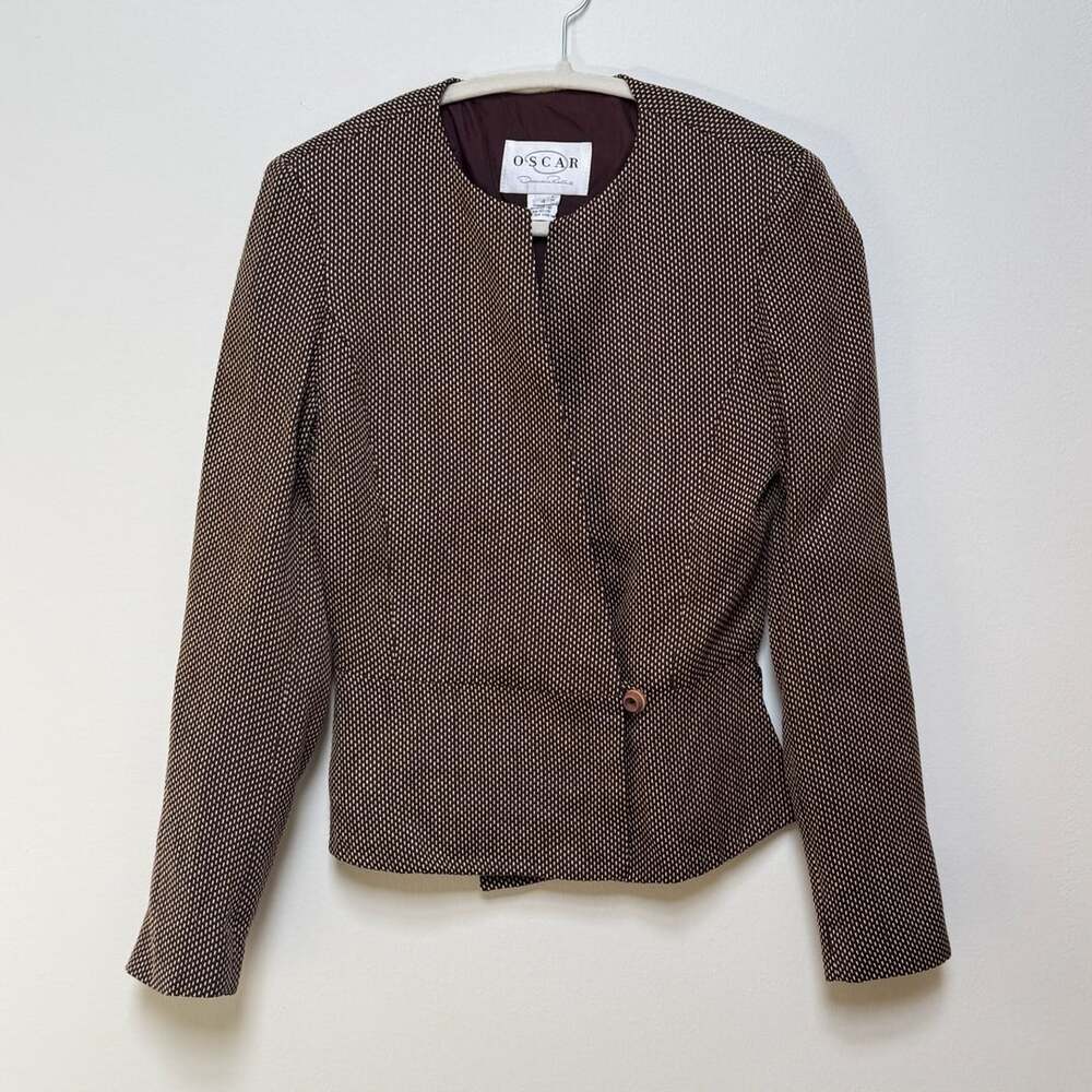 Oscar de la Renta Brown cream Patterned Jacket Size 4 wooden buttons